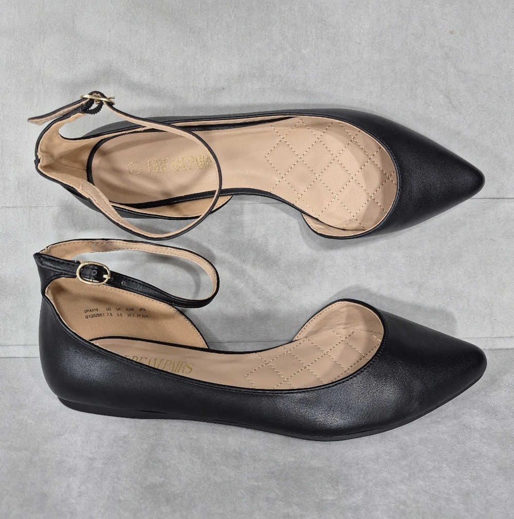 Black Ankle-Strap Pointed Toe Flats - Women